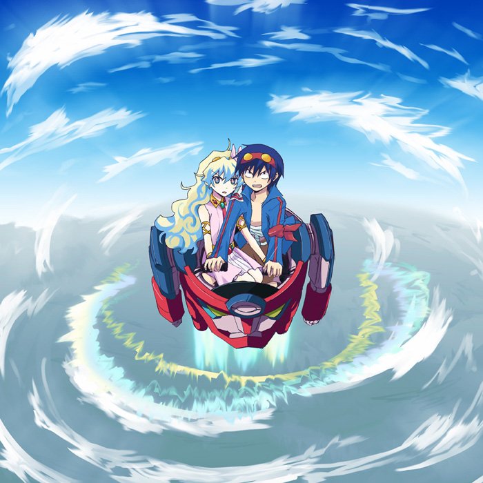 shima tokio, lagann, nia teppelin, simon (ttgl), tengen toppa gurren lagann, 00s, 1boy, 1girl, armlet, bare shoulders, blue eyes, blue hair, blush, cape, couple, curly hair, dress, drill, fire, full body, goggles, goggles on head, hetero, jewelry, long hair, looking at viewer, mecha, necklace, outdoors, pink dress, robot, very long hair