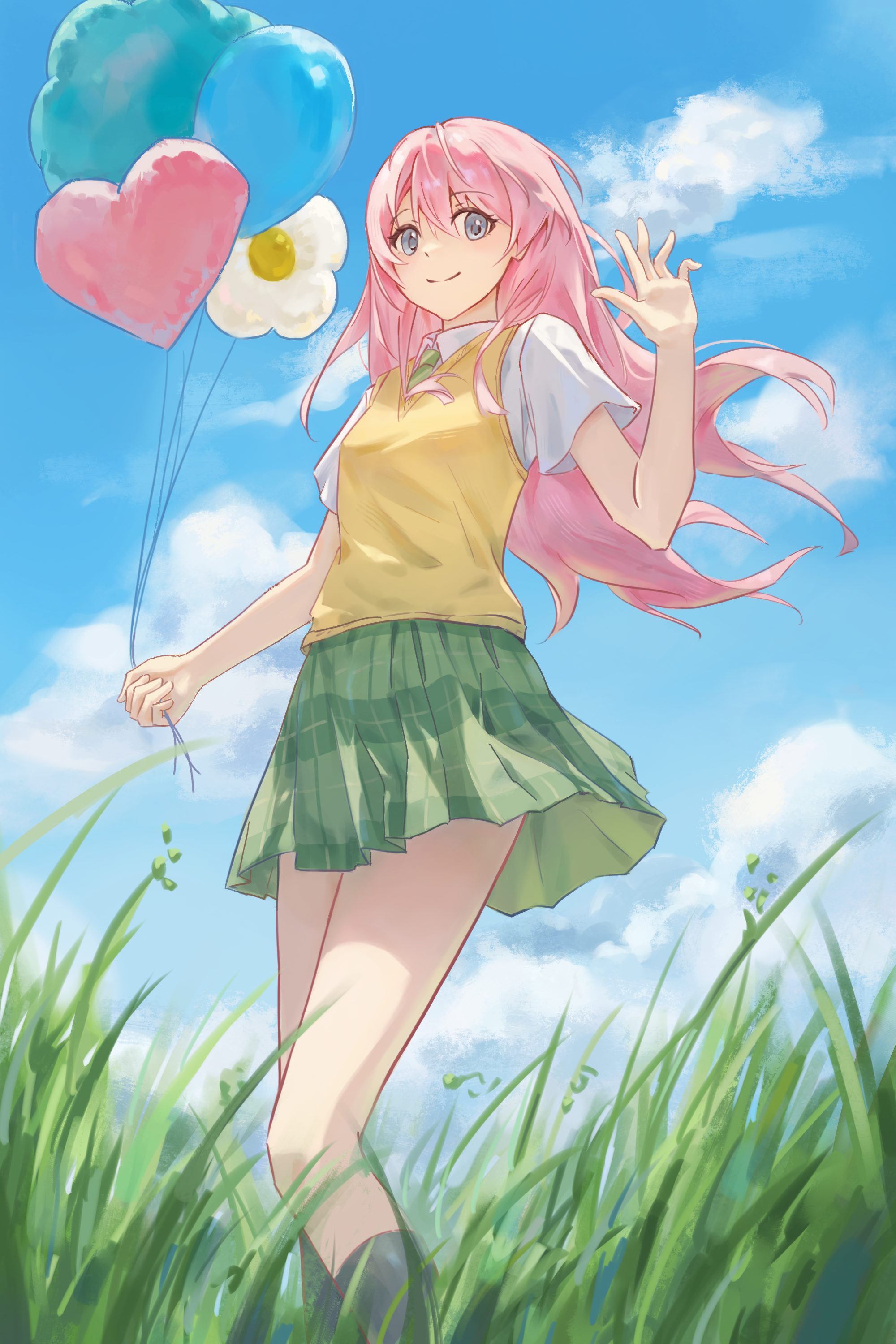hu pi xuan jiao, chihaya anon, bang dream!, bang dream! it's mygo!!!!!, absurdres, commentary, highres, 1girl, balloon, black socks, brown sweater vest, closed mouth, grass, green necktie, green skirt, grey eyes, hair between eyes, hand up, haneoka school uniform, holding, holding balloon, long hair, necktie, pink hair, plaid clothes, plaid skirt, pleated skirt, school uniform, shirt, skirt, smile, socks, solo, sweater vest, white shirt