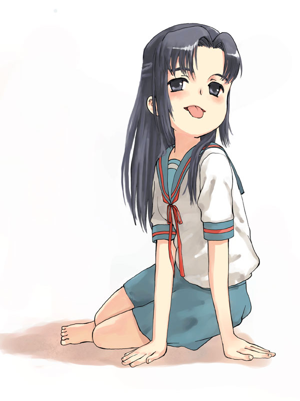 yamamoto shima, asakura ryoko, suzumiya haruhi no yuuutsu, 00s, :p, arm support, barefoot, school uniform, serafuku, shibahime kyou, solo, tongue, tongue out