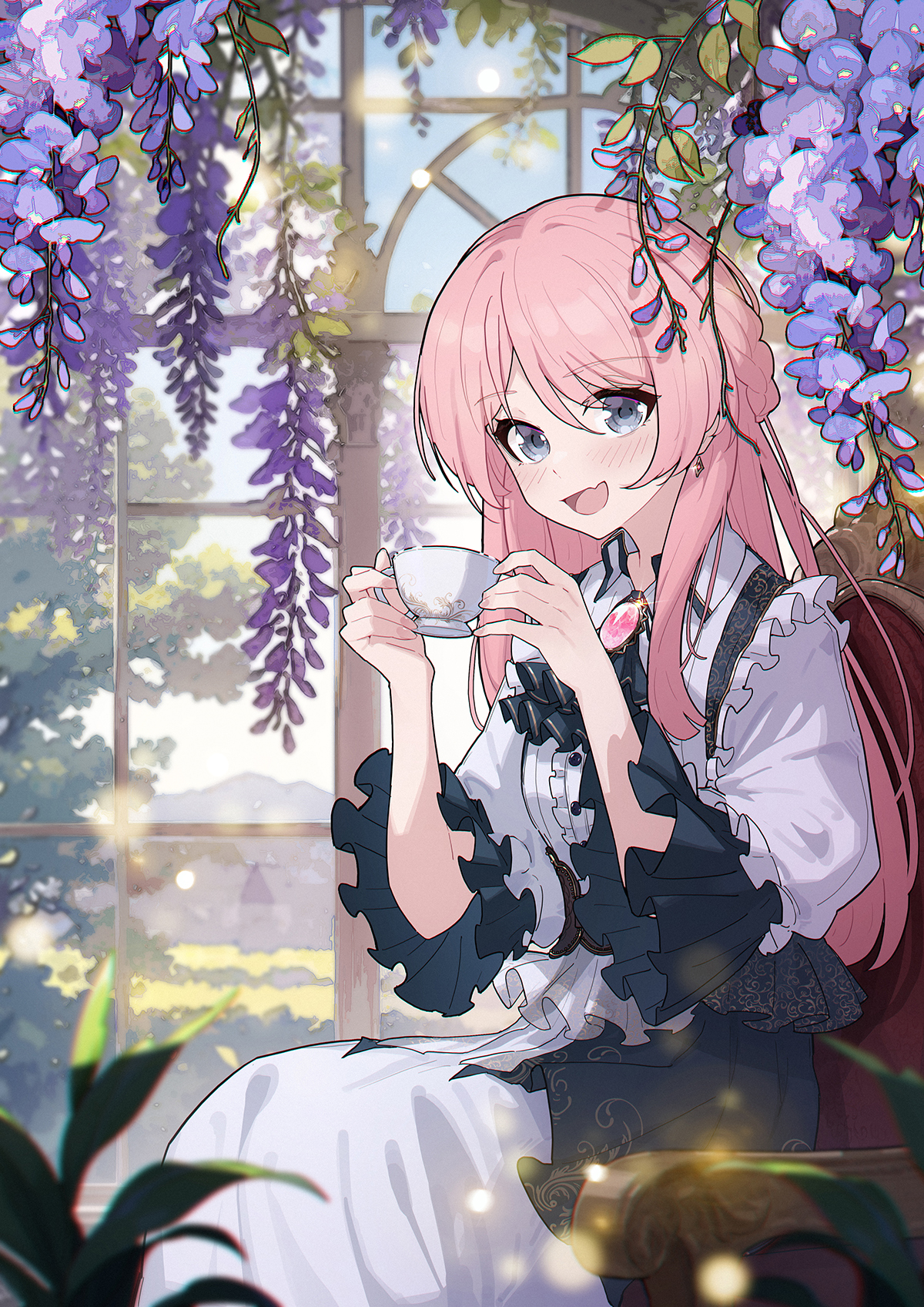 yun cao bing, chihaya anon, bang dream!, bang dream! it's mygo!!!!!, chinese commentary, commentary request, highres, 1girl, ascot, black ascot, blush, braid, chair, cup, fang, flower, grey eyes, holding, holding cup, long sleeves, open mouth, pink brooch, shirt, sitting, skin fang, solo, white shirt, wisteria