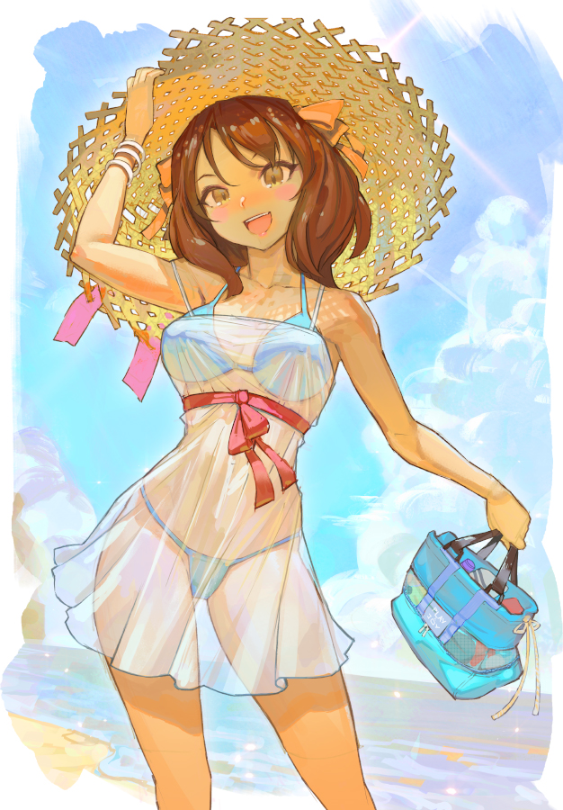 yugen99, suzumiya haruhi, suzumiya haruhi no yuuutsu, 1girl, :d, bag, bikini, bikini under clothes, blue bikini, breasts, brown eyes, brown hair, covered navel, dress, hair ribbon, hat, holding, holding bag, medium breasts, medium hair, open mouth, ribbon, see-through clothes, see-through dress, smile, solo, standing, straw hat, sun hat, swimsuit, thighs, white dress, yellow ribbon