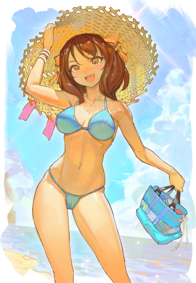 yugen99, suzumiya haruhi, suzumiya haruhi no yuuutsu, 1girl, :d, bag, bikini, blue bikini, breasts, brown eyes, brown hair, hair ribbon, hat, holding, holding bag, medium breasts, medium hair, navel, open mouth, ribbon, smile, solo, standing, stomach, straw hat, sun hat, swimsuit, thighs, yellow ribbon