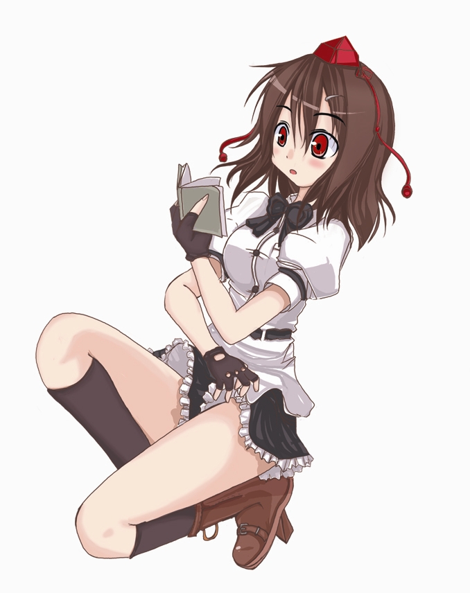 takaharu, shameimaru aya, touhou, looking away, 1girl, female focus, geta, hat, miniskirt, skirt, solo, tengu-geta, tokin hat