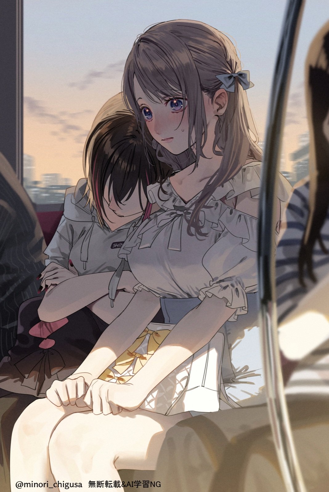 chigusa minori, saotome shino (shino to ren), shirayuki ren, shino to ren, commentary request, highres, 2girls, black nails, blue eyes, blush, breasts, closed mouth, crossed arms, gradient nails, grey hair, hood, hoodie, large breasts, long hair, multiple girls, nail polish, people, shirt, sidelocks, sleeping, sleeping on person, train interior, white bag, white hoodie, white shirt
