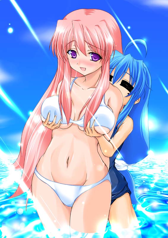 maho (yakimorokoshi), mashuu (masyu), izumi konata, takara miyuki, lucky star, 00s, 2girls, ahoge, bikini, blue hair, blush, breasts, closed eyes, day, from behind, grabbing another's breast, groping, large breasts, long hair, mole, mole under eye, multiple girls, one-piece swimsuit, open mouth, pink hair, purple eyes, school swimsuit, swimsuit, underboob, water, wet, yuri