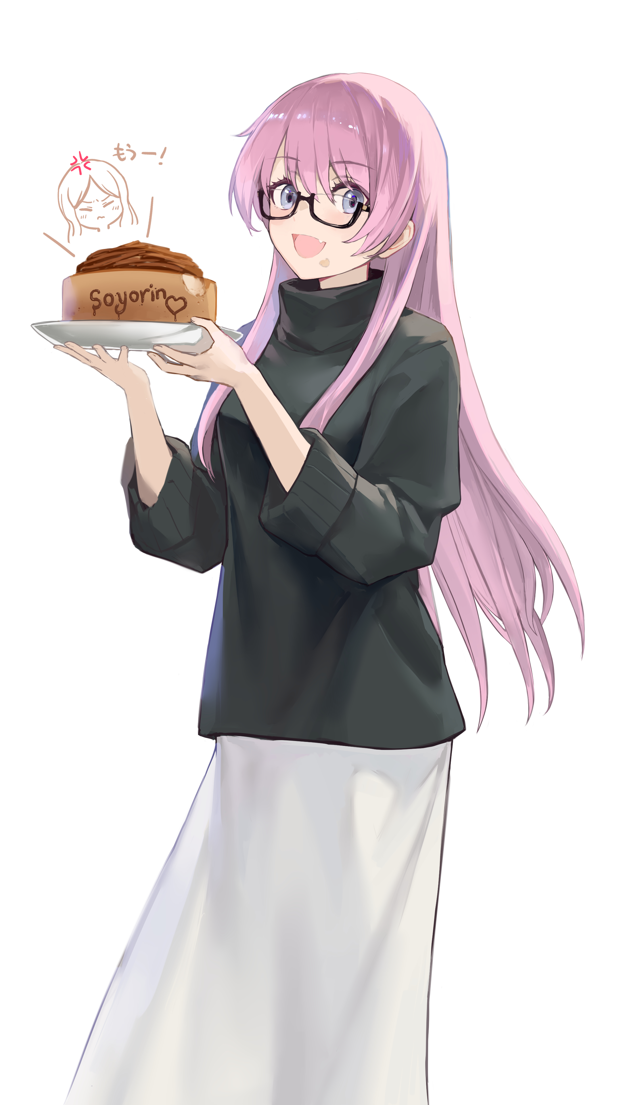 kisetsu, chihaya anon, nagasaki soyo, bang dream!, bang dream! it's mygo!!!!!, absurdres, chinese commentary, commentary request, highres, 1girl, birthday cake, black sweater, cake, fang, food, food on face, glasses, grey eyes, long hair, long sleeves, open mouth, pink hair, semi-rimless eyewear, skirt, sweater, under-rim eyewear, white skirt