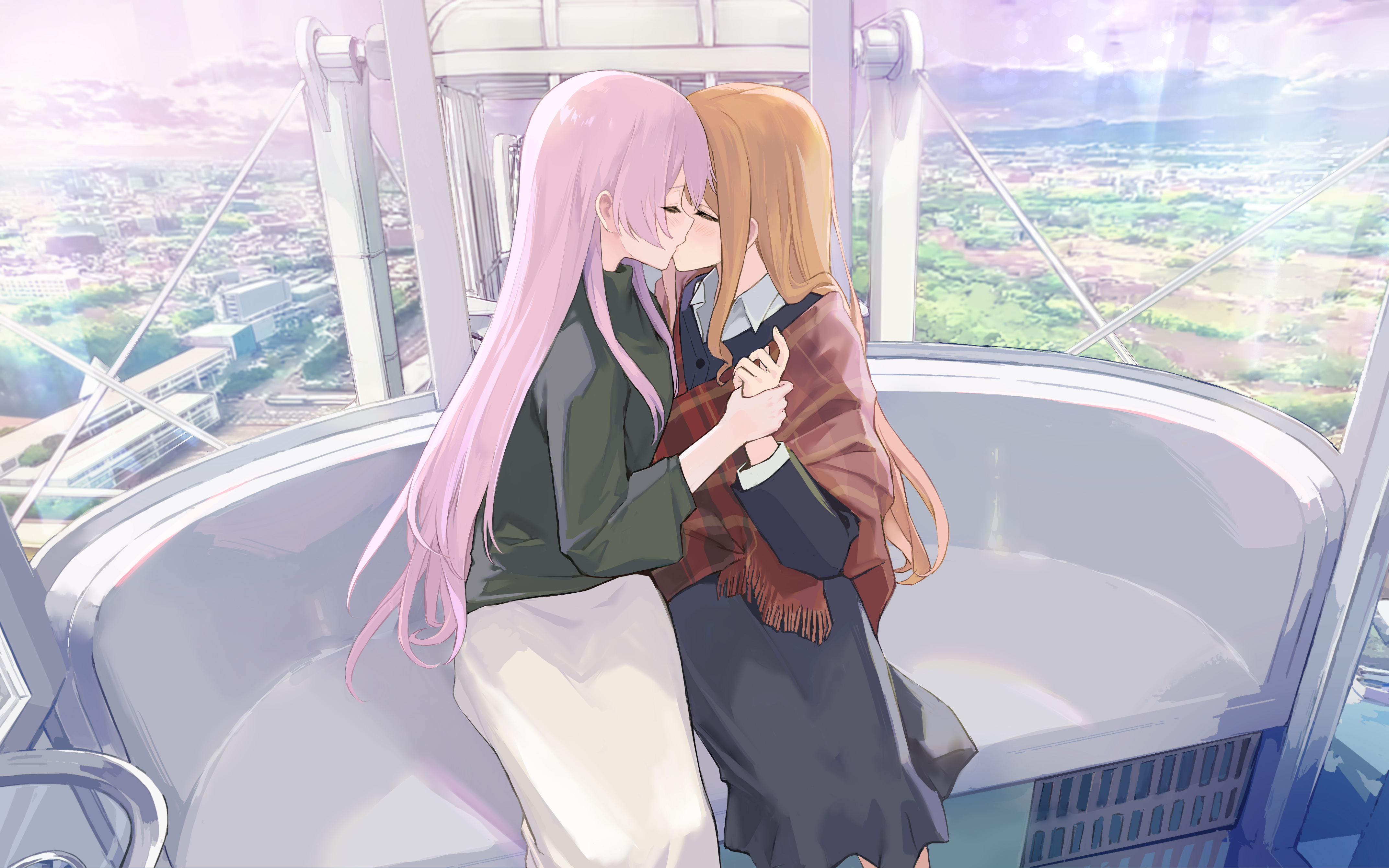 kisetsu, chihaya anon, nagasaki soyo, bang dream!, bang dream! it's mygo!!!!!, absurdres, chinese commentary, commentary request, highres, 2girls, black skirt, black sweater, brown hair, closed eyes, ferris wheel interior, holding another's wrist, kiss, long hair, multiple girls, photo background, pink hair, sidelocks, skirt, sweater, white skirt, yuri