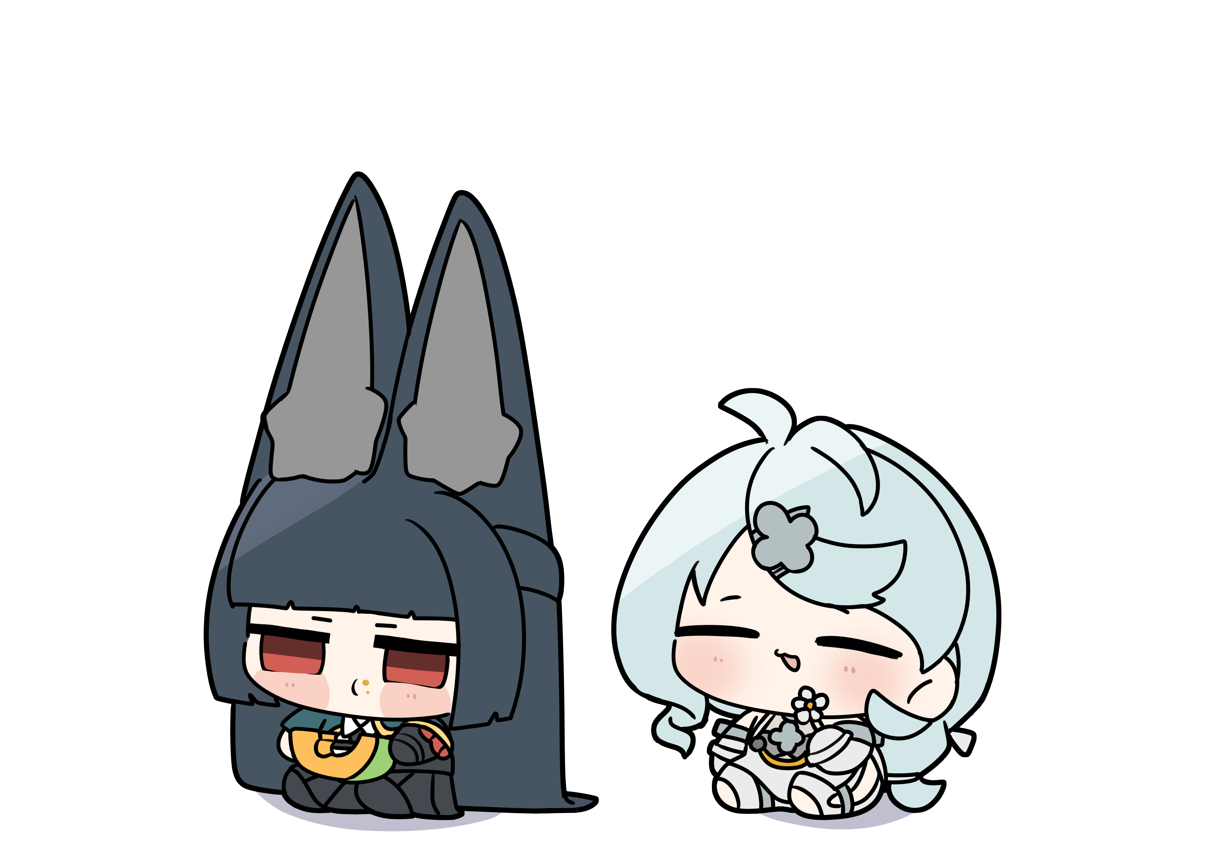 shinonome nashi, hoshimi miyabi, zenless zone zero, absurdres, character request, commentary, highres, 2girls, ahoge, animal ear fluff, animal ears, black hair, black skirt, blue hair, blunt bangs, blush, chewing, chibi, chibi only, closed eyes, closed mouth, dress shirt, eating, flower, food, forehead, fox ears, fox girl, fruit, green jacket, hair flower, hair ornament, high-waist skirt, holding, holding flower, jacket, long hair, looking ahead, melon, multiple girls, open mouth, red eyes, shadow, shirt, sidelocks, simple background, sitting, skirt, solo, standing, swept bangs, white background, white shirt