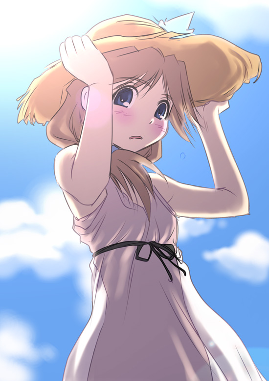 sakaki imasato, komaki ikuno, to heart (series), to heart 2, 00s, 1girl, arms up, black ribbon, blue eyes, blue sky, blush, brown hair, day, dress, embarrassed, female focus, hand on headwear, hat, long hair, looking at viewer, looking down, open mouth, outdoors, pink dress, ribbon, see-through silhouette, sky, sleeveless, sleeveless dress, solo, sun hat, sundress, tareme, upper body