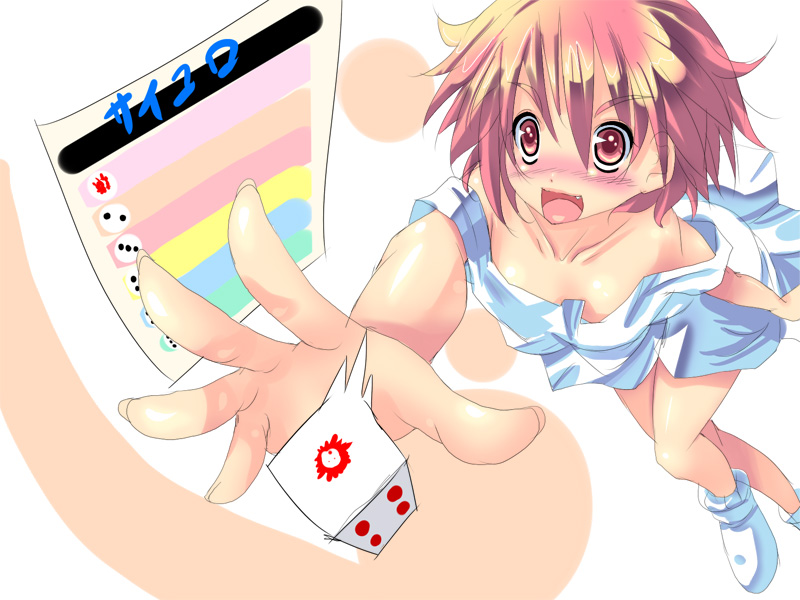 shiranagi, original, 1girl, blush, breasts, cleavage, collarbone, dice, female focus, full body, nose blush, open mouth, outstretched arm, pink hair, red eyes, shirt, short hair, short sleeves, simple background, small breasts, solo, tears, white background, white shirt