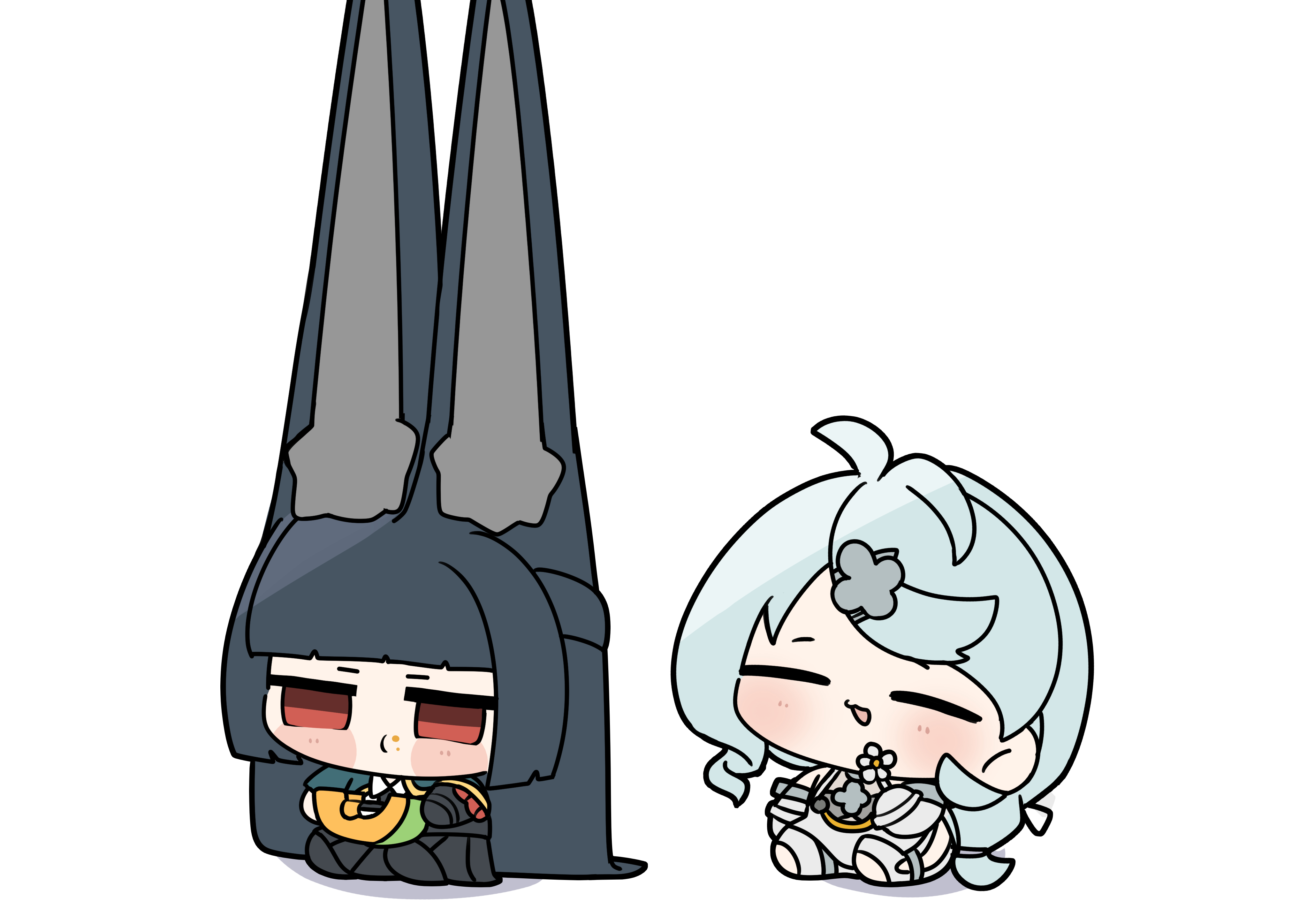 shinonome nashi, hoshimi miyabi, zenless zone zero, absurdres, character request, commentary, highres, 1girl, 2girls, ahoge, animal ear fluff, animal ears, black hair, black skirt, blue hair, blunt bangs, blush, chewing gum, chibi, chibi only, closed eyes, closed mouth, comically large ears, dress shirt, eating, flower, food, fox ears, fox girl, fruit, green jacket, hair flower, hair ornament, high-waist skirt, holding, holding flower, jacket, long hair, looking ahead, melon, meme, multiple girls, open mouth, red eyes, shadow, shirt, sidelocks, simple background, sitting, skirt, solo, standing, swept bangs, white background, white shirt