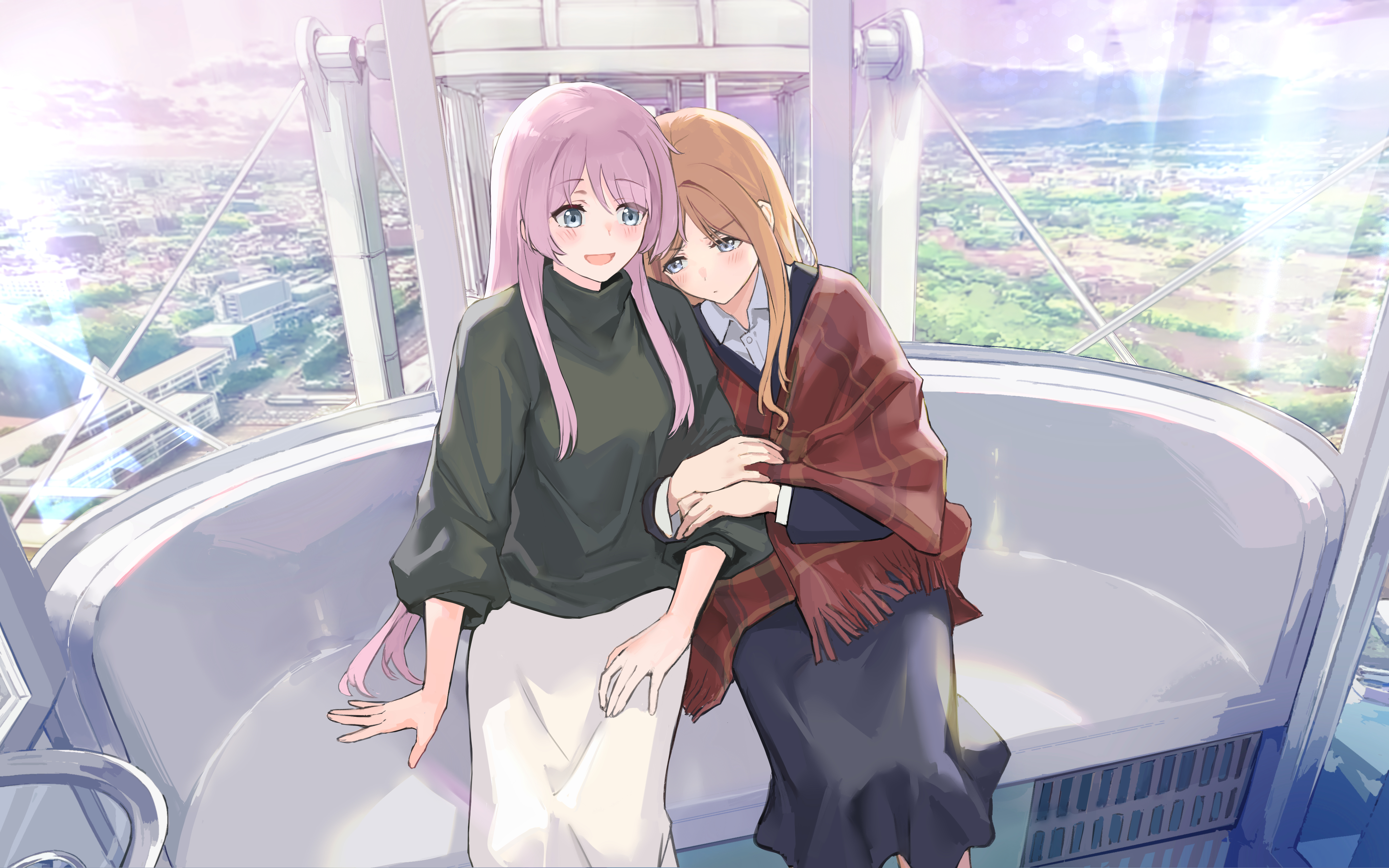 kisetsu, chihaya anon, nagasaki soyo, bang dream!, bang dream! it's mygo!!!!!, absurdres, chinese commentary, commentary request, highres, 2girls, arm hug, black skirt, black sweater, blue eyes, blush, brown hair, closed mouth, ferris wheel interior, grey eyes, long hair, multiple girls, open mouth, photo background, pink hair, sidelocks, skirt, sweater, white skirt, yuri