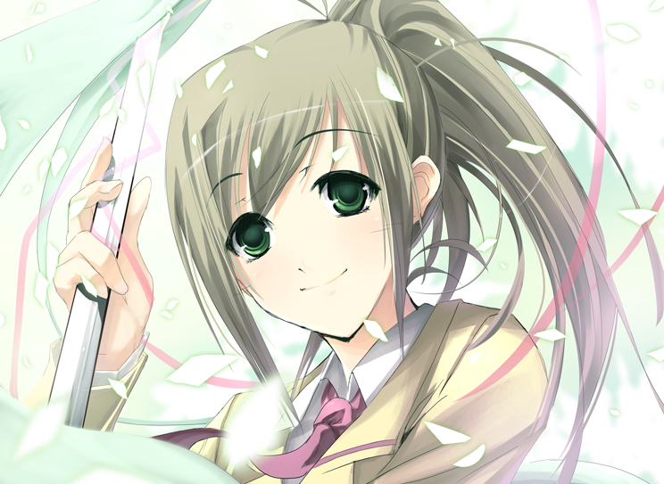 satomi (black scarecrow), 1girl, brown hair, female focus, green eyes, green hair, matching hair/eyes, necktie, school uniform, serafuku, solo