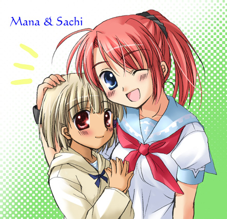 koyuki (2smj), koyuki (artist), mana (sharin no kuni), mitsuhiro sachi, 5pb., sharin no kuni himawari no shoujo, lowres, 2girls, blonde hair, blue eyes, multiple girls, ponytail, red eyes, red hair