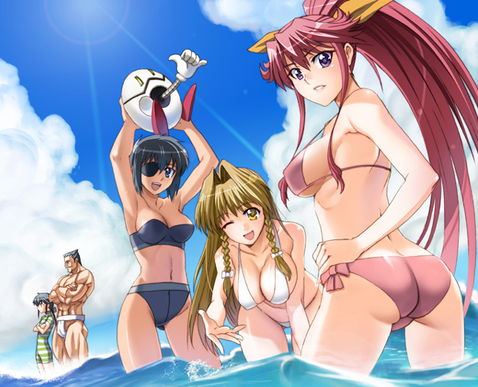 inue shinsuke, taisa 3d, de niro, kiyohara chiharu, natose, uesugi mihato, venis, kimi ga aruji de shitsuji ga ore de, striped, 00s, 3girls, ass, bandeau, bent over, bikini, blonde hair, blue eyes, blue hair, braid, breasts, butt crack, cleavage, cloud, crossed arms, day, eyepatch, fundoshi, hand on own hip, happy, highleg, highleg bikini, japanese clothes, large breasts, lens flare, light rays, long hair, looking back, midriff, multiple girls, muscular, navel, ocean, one eye closed, outdoors, parted lips, partially submerged, pink bikini, pink hair, ponytail, purple eyes, robot, shiny skin, short hair, sky, strap gap, sunbeam, sunlight, swimsuit, thigh gap, twin braids, underboob, very long hair, wading, water, wink, yellow eyes