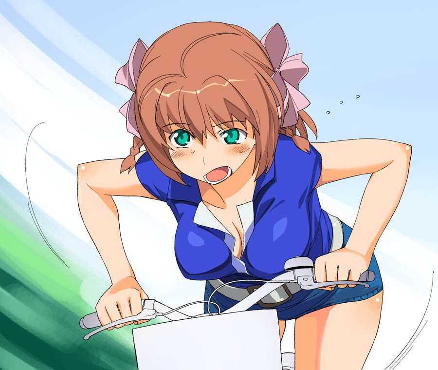 a1 (initial-g), suzumiya haruka, kimi ga nozomu eien, 00s, 1girl, belt, bicycle, breasts, brown hair, cleavage, female focus, green eyes, leaning forward, medium breasts, motion lines, short shorts, shorts, solo, sweat