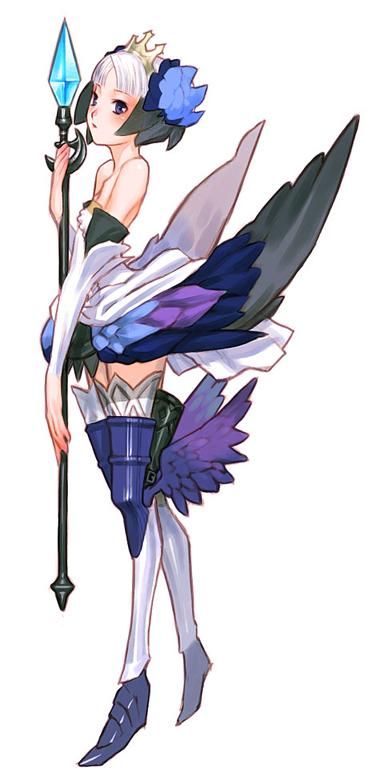 sakamoto mineji, gwendolyn (odin sphere), odin sphere, vanillaware, 1girl, armor, armored dress, crown, dress, female focus, flat chest, multicolored wings, solo, staff, strapless, strapless dress, white background, wings