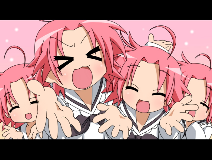 sdz (inazuma), kogami akira, lucky star, motteke! serafuku, bad id, bad pixiv id, > <, 00s, 1girl, ahoge, clone, closed eyes, letterboxed, multiple persona, pink hair