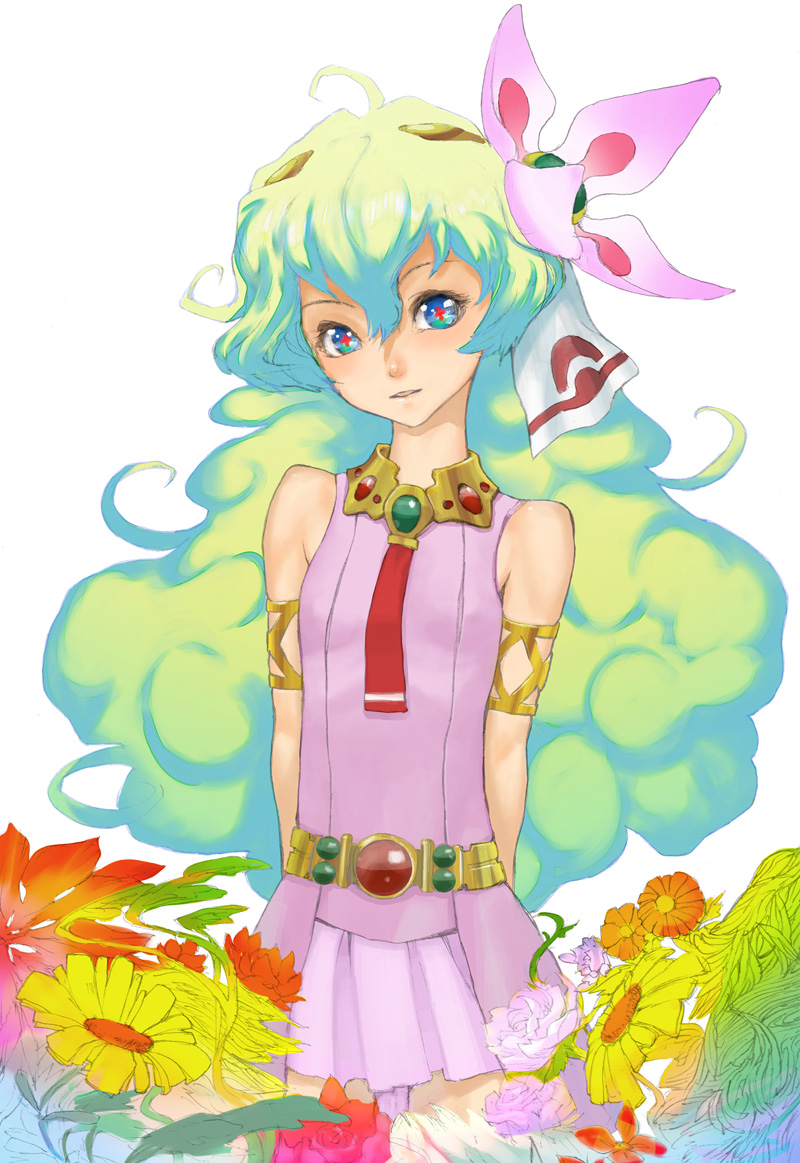 redjuice, nia teppelin, tengen toppa gurren lagann, + +, 00s, 1girl, armlet, cross-shaped pupils, dress, female focus, flat chest, flower, hair flower, hair ornament, jewelry, long hair, multicolored hair, pink dress, pink skirt, simple background, skirt, sleeveless, solo, symbol-shaped pupils, white background