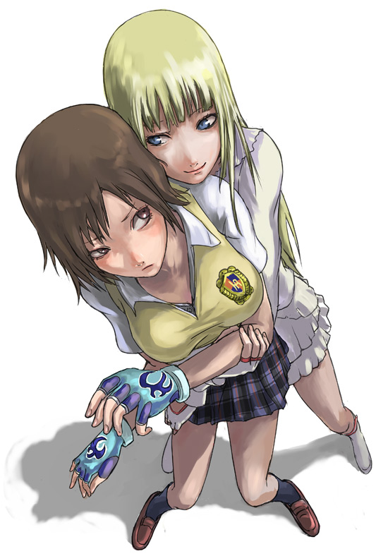 tea (nakenashi), emilie de rochefort, kazama asuka, namco, tekken, tekken 5, 2girls, blonde hair, blue eyes, breasts, brown eyes, brown hair, fingerless gloves, gloves, hug, hug from behind, long hair, multiple girls, plaid clothes, plaid skirt, school uniform, serafuku, short hair, skirt, smile, sweater, sweater vest, vest, white background