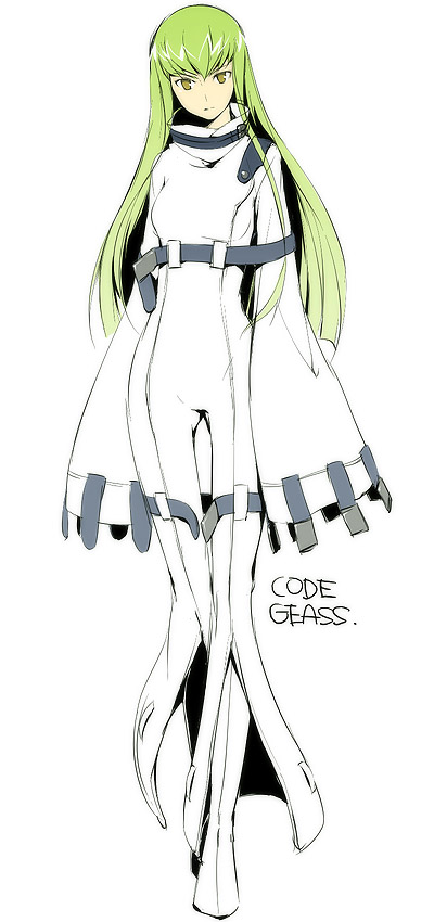 kyo (kuroichigo), c.c., code geass, 00s, 1girl, female focus, full body, green hair, long hair, long sleeves, simple background, sleeves past wrists, solo, straitjacket, thigh gap, thighs, yellow eyes