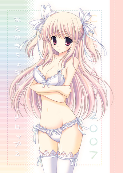 hasekura chiaki, original, 1girl, blonde hair, bra, breasts, cleavage, female focus, hair ribbon, lingerie, long hair, medium breasts, panties, red eyes, ribbon, solo, thighhighs, underwear, underwear only