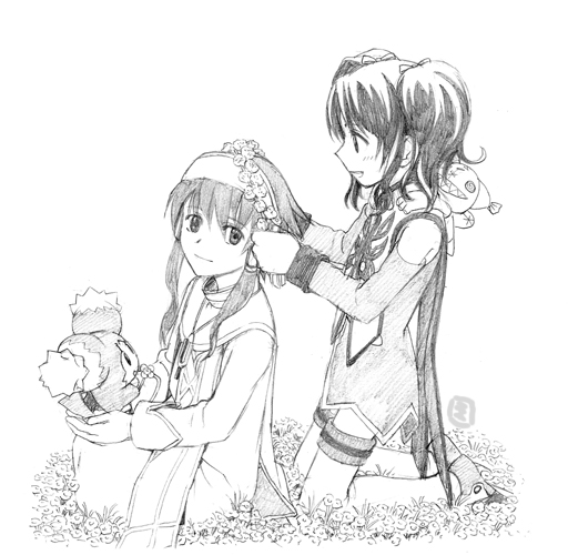 ouya, ouya (maboroshimori), anise tatlin, ion (tales), mieu (tales), tokunaga (tales), tales of (series), tales of the abyss, 00s, 1boy, 1girl, greyscale, hair tubes, monochrome, trap