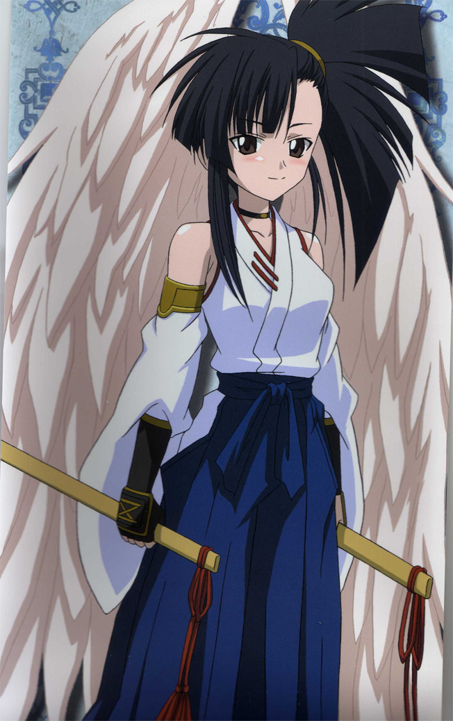 sakurazaki setsuna, mahou sensei negima!, 00s, 1girl, asymmetrical bangs, female focus, gloves, katana, ponytail, sica shishikushiro, side ponytail, solo, sword, weapon, wings