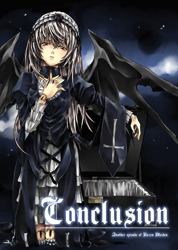 raid slash, suigintou, rozen maiden, 00s, 1girl, albino, black wings, coffin, cross, cross-laced clothes, cross print, detached collar, doll, doll joints, dress, female focus, flower, frilled sleeves, frills, hair between eyes, hairband, hand on own chest, inverted cross, joints, juliet sleeves, kneehighs, long hair, long sleeves, looking at viewer, outstretched arm, parted lips, puffy sleeves, red eyes, rose, socks, solo, text focus, white hair, wings
