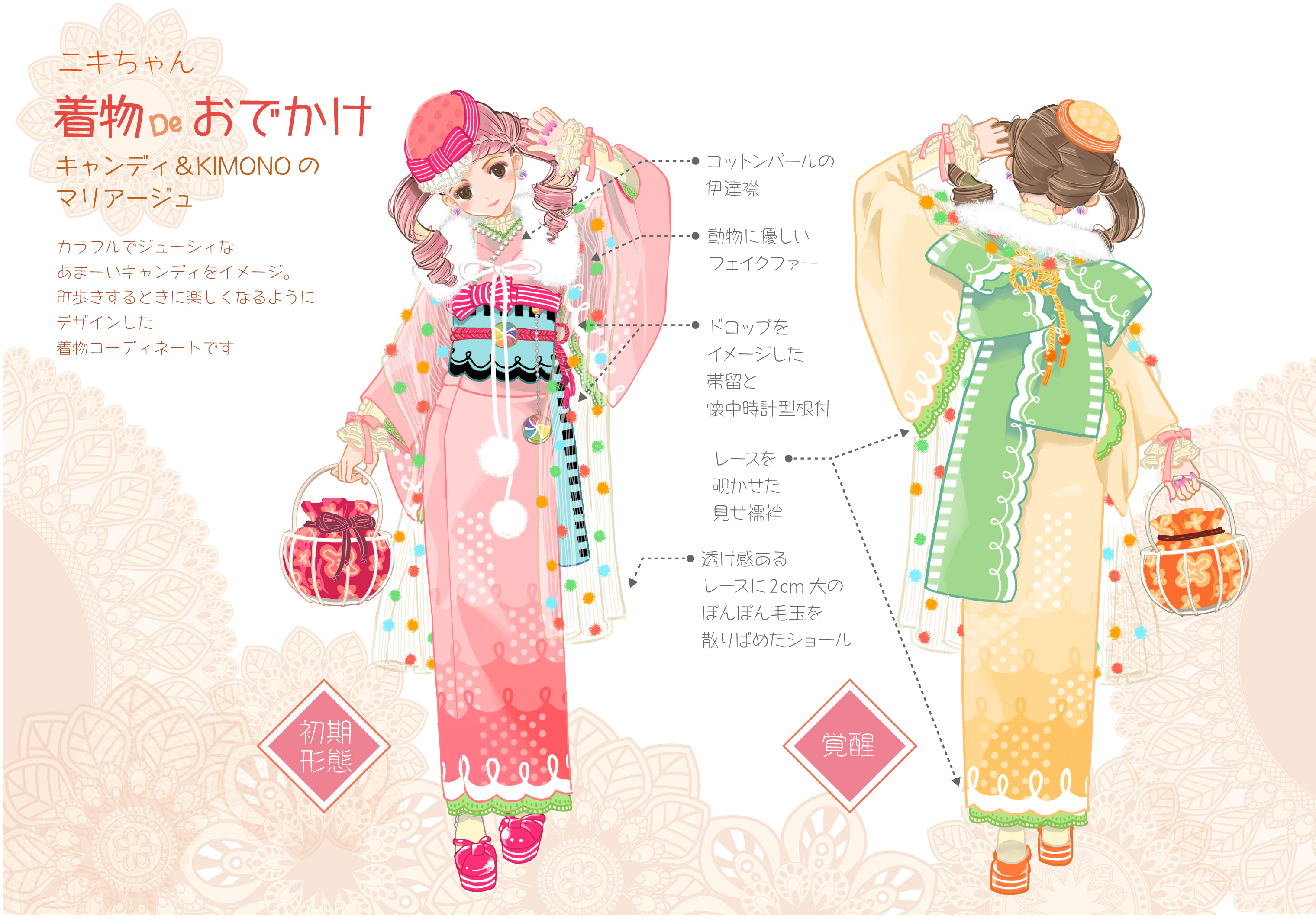 nikki (series), original, shining nikki, highres, translation request, 2girls, alternate color, arrow (symbol), back bow, bag, beret, blonde hair, blue bow, bow, brown eyes, brown hair, closed mouth, dual persona, earrings, eyelashes, floral print, frilled headwear, from behind, green sash, hand on own head, hat, holding, holding bag, japanese clothes, jewelry, kimono, large bow, lipstick, long hair, long sleeves, makeup, multiple girls, obi, okobo, outline, pink bag, pink hat, pink lips, pink sandals, platform sandals, polka dot headwear, reference sheet, ribbon, sandals, sash, see-through clothes, see-through legwear, shawl, smile, twintails, white background, white ribbon, wide sleeves, yellow hat, yellow outline, yocchi03693214, yukata
