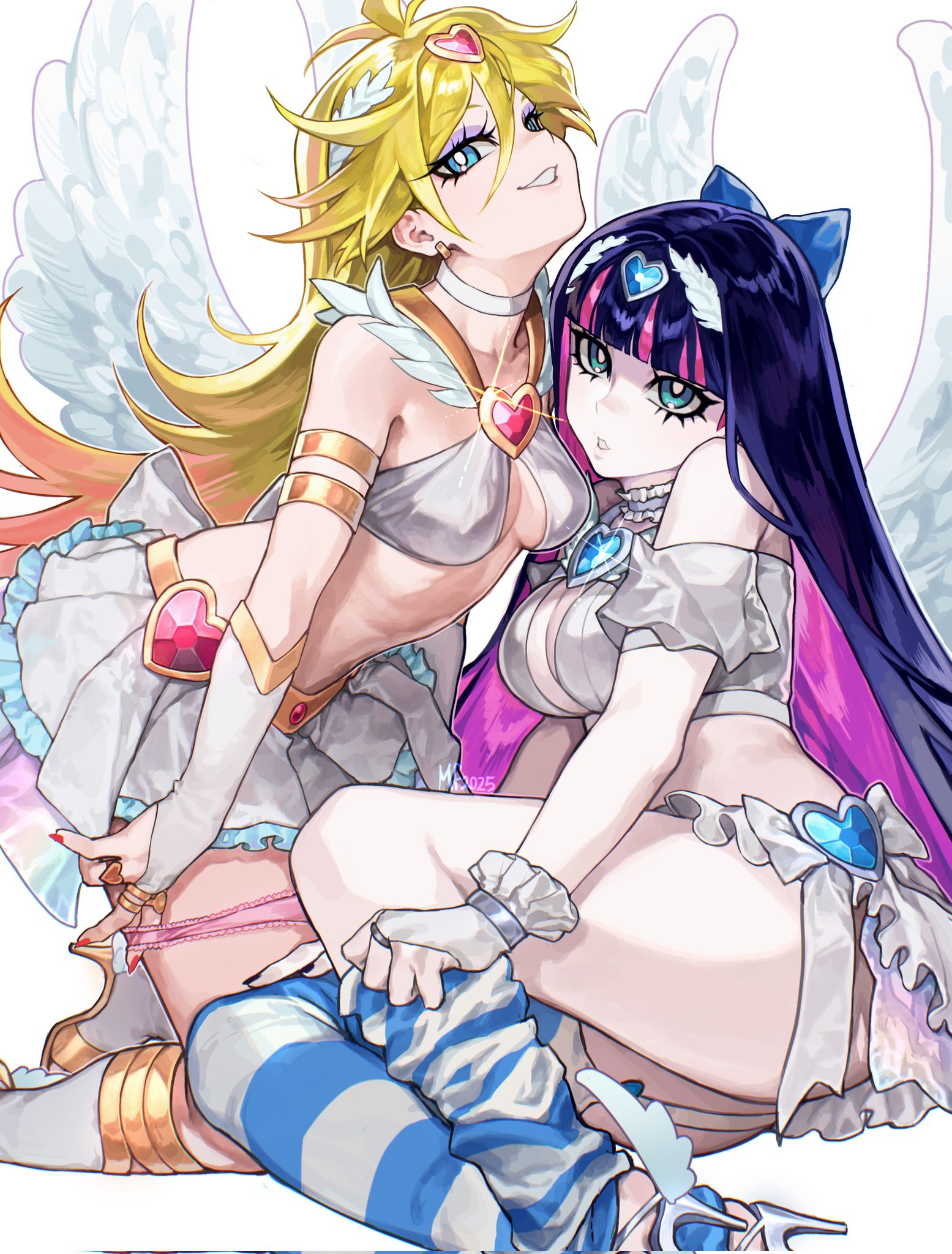 mary felizola, panty (psg), stocking (psg), panty & stocking with garterbelt, commentary, english commentary, highres, 2girls, :o, angel wings, armband, bare shoulders, black nails, blonde hair, blue bow, blue eyes, blue gemstone, blue hair, blunt bangs, bow, breasts, bright pupils, choker, cleavage, cleavage cutout, clothing cutout, crop top, detached sleeves, earrings, fingerless gloves, frilled choker, frilled skirt, frills, full body, gem, gloves, grey choker, hair between eyes, hair bow, hair ornament, heart, heart-shaped gem, high heels, jewelry, kneeling, large breasts, leaning forward, long eyelashes, long hair, looking at viewer, messy hair, multicolored hair, multiple girls, nail polish, navel, open mouth, pink streaks, pleated skirt, puffy short sleeves, puffy sleeves, pulling own clothes, red gemstone, red nails, ring, short sleeves, siblings, simple background, sisters, sitting, skirt, smile, stomach, streaked hair, striped clothes, striped thighhighs, teeth, thighhighs, thighs, two-tone hair, very long hair, white background, white bow, white choker, white gloves, white pupils, white skirt, white sleeves, white wings, wings, yellow armband