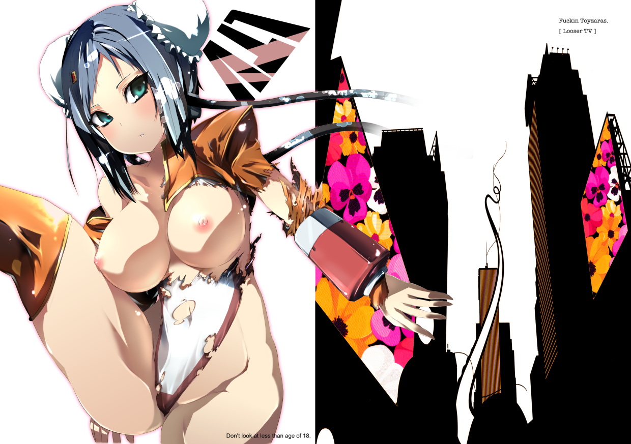 asano shimon, mei-fang, aq interactive, arcana heart, atlus, examu, 1girl, breasts, building, bun cover, cowboy shot, double bun, english text, engrish text, female focus, hair bun, huge breasts, leg up, nipples, ranguage, shrug (clothing), solo, torn clothes, white background