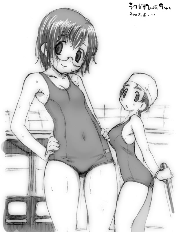 kei jiei, original, 2girls, dated, glasses, greyscale, monochrome, multiple girls, one-piece swimsuit, school swimsuit, swim cap, swimsuit