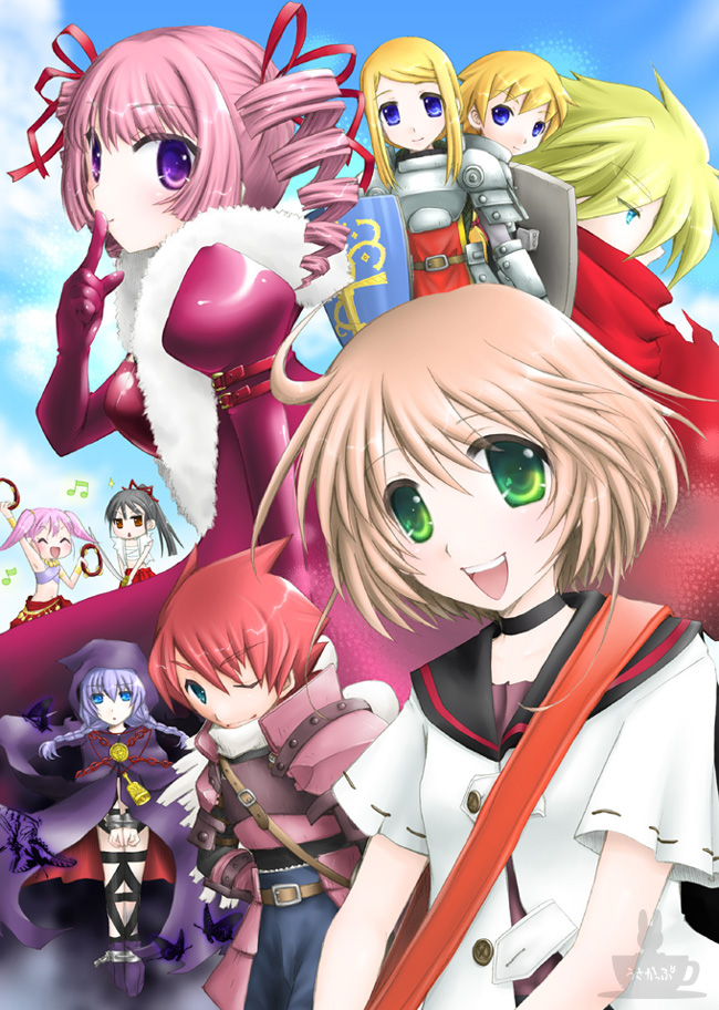 minyo, alchemist (sekaiju), alchemist 3 (sekaiju), bard (sekaiju), bard 2 (sekaiju), bushidou (sekaiju), bushidou 2 (sekaiju), curse maker, curse maker 2, dark hunter, dark hunter (sekaiju), dark hunter 4, medic (sekaiju), medic 2 (sekaiju), paladin (sekaiju), paladin 1 (sekaiju), paladin 2 (sekaiju), swordsman (sekaiju), swordsman 3 (sekaiju), atlus, etrian odyssey, 3boys, 6+girls, :d, :o, ^ ^, ahoge, alchemist, arm up, armor, armpits, bard, bdsm, beamed quavers, bell, belt, black hair, blue eyes, blush, bondage, boots, bound, bound ankles, bound wrists, bracelet, braid, brown hair, bug, butterfly, buttons, chain, choker, cloak, closed eyes, cloud, cowbell, crop top, cuffs, dancing, day, drill hair, dual wielding, everyone, fantasy, fighting stance, finger to mouth, flat chest, fur trim, green eyes, hakama, hakama skirt, hand on own hip, holding, hood, insect, instrument, jacket, japanese clothes, jewelry, long hair, looking at viewer, midriff, multiple boys, multiple girls, musical note, necklace, one eye closed, open clothes, open jacket, open mouth, outdoors, paladin, parted bangs, pink hair, ponytail, purple eyes, purple hair, quaver, red eyes, red hair, rope, sailor collar, samurai, sarashi, shield, shiny clothes, short hair, short twintails, sidelocks, skirt, sky, smile, standing, strap, swept bangs, sword, tabard, tambourine, twin braids, twin drills, twintails, upper body, vest, weapon, wink