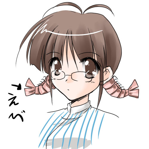 kamiya tomoe, akizuki ritsuko, idolmaster, idolmaster (classic), idolmaster 1, lowres, 00s, 1girl, ahoge, brown eyes, brown hair, female focus, glasses, shrimp, simple background, solo