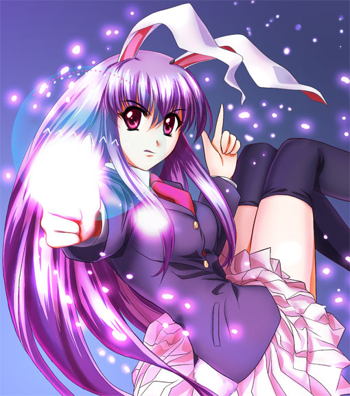 yamaguchi takashi, yamaguchi yuu, reisen udongein inaba, touhou, 1girl, animal ears, blazer, danmaku, double finger gun, female focus, finger gun, jacket, pleated skirt, rabbit ears, skirt, solo, thighhighs, zettai ryouiki