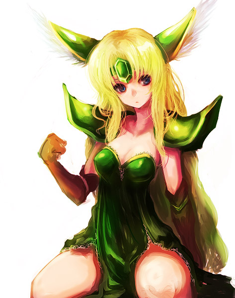 kara (color), riesz, seiken densetsu, seiken densetsu 3, 1girl, blonde hair, blue eyes, breasts, cleavage, female focus, lingerie, long hair, small breasts, solo, underwear