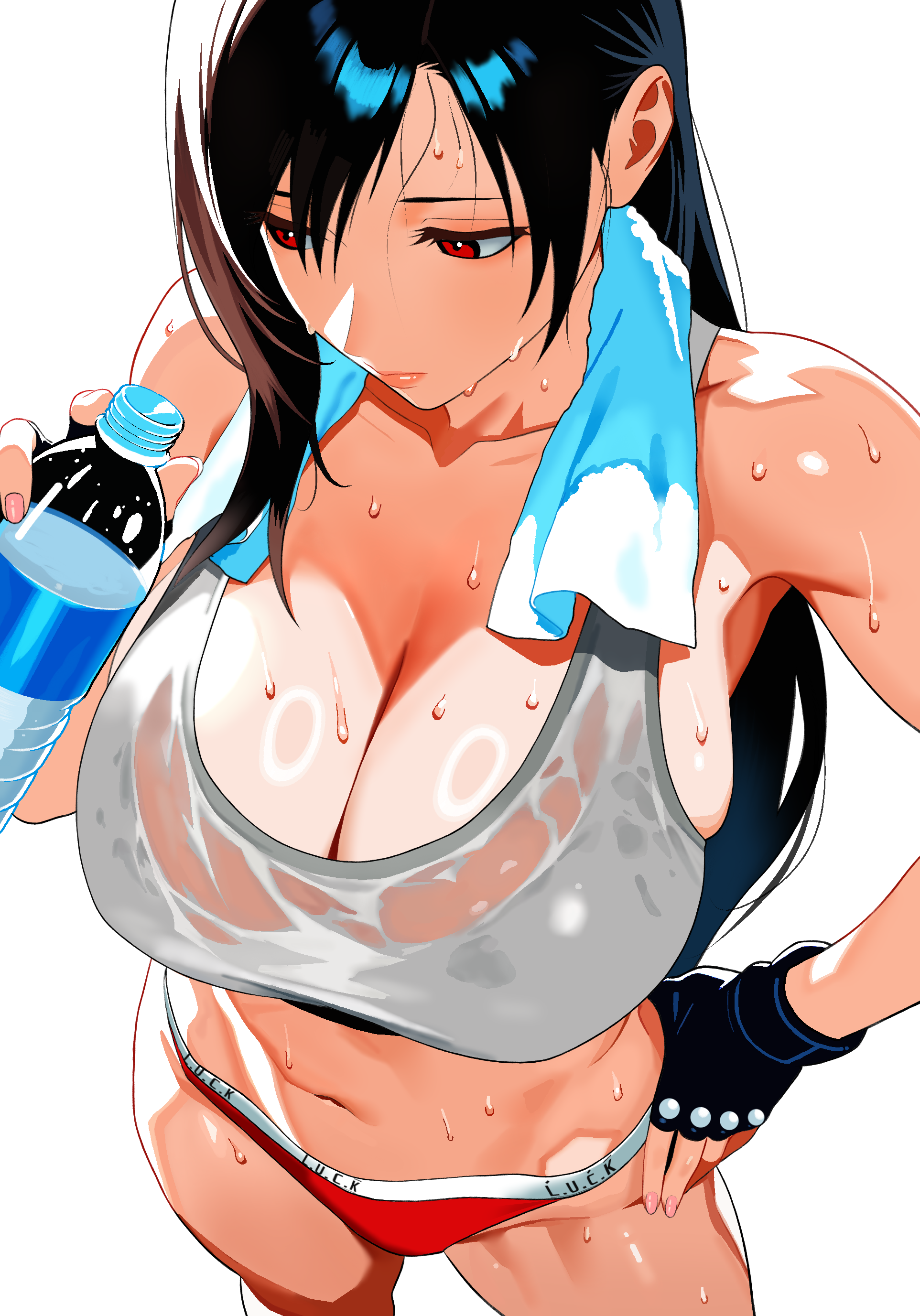 tifa lockhart, final fantasy, final fantasy vii, square enix, absurdres, highres, 1girl, black hair, bottle, breasts, cleavage, collarbone, djbluck, female focus, holding, holding bottle, large breasts, long hair, panties, red eyes, red panties, solo, sweat, sweatdrop, towel, towel around neck, underwear, water bottle, white background