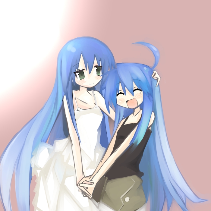 kanikama, izumi kanata, izumi konata, lucky star, 00s, 2girls, :d, ^ ^, age difference, bare shoulders, closed eyes, collarbone, dress, green eyes, happy, hug, long hair, mole, mole under eye, mother and daughter, multiple girls, open mouth, pink background, simple background, sleeveless, smile, tank top, upper body, very long hair, white dress