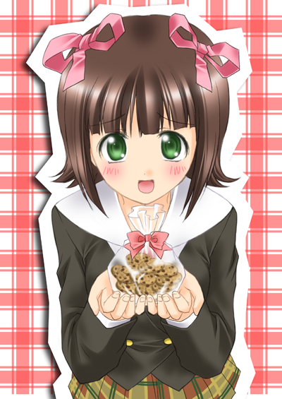 itsuki sayaka, amami haruka, idolmaster, idolmaster (classic), idolmaster 1, 00s, 1girl, :d, blunt bangs, bow, bowtie, brown hair, collarbone, female focus, green eyes, hair bow, holding, long sleeves, looking at viewer, open mouth, red bow, red bowtie, short hair, smile, solo, upper body