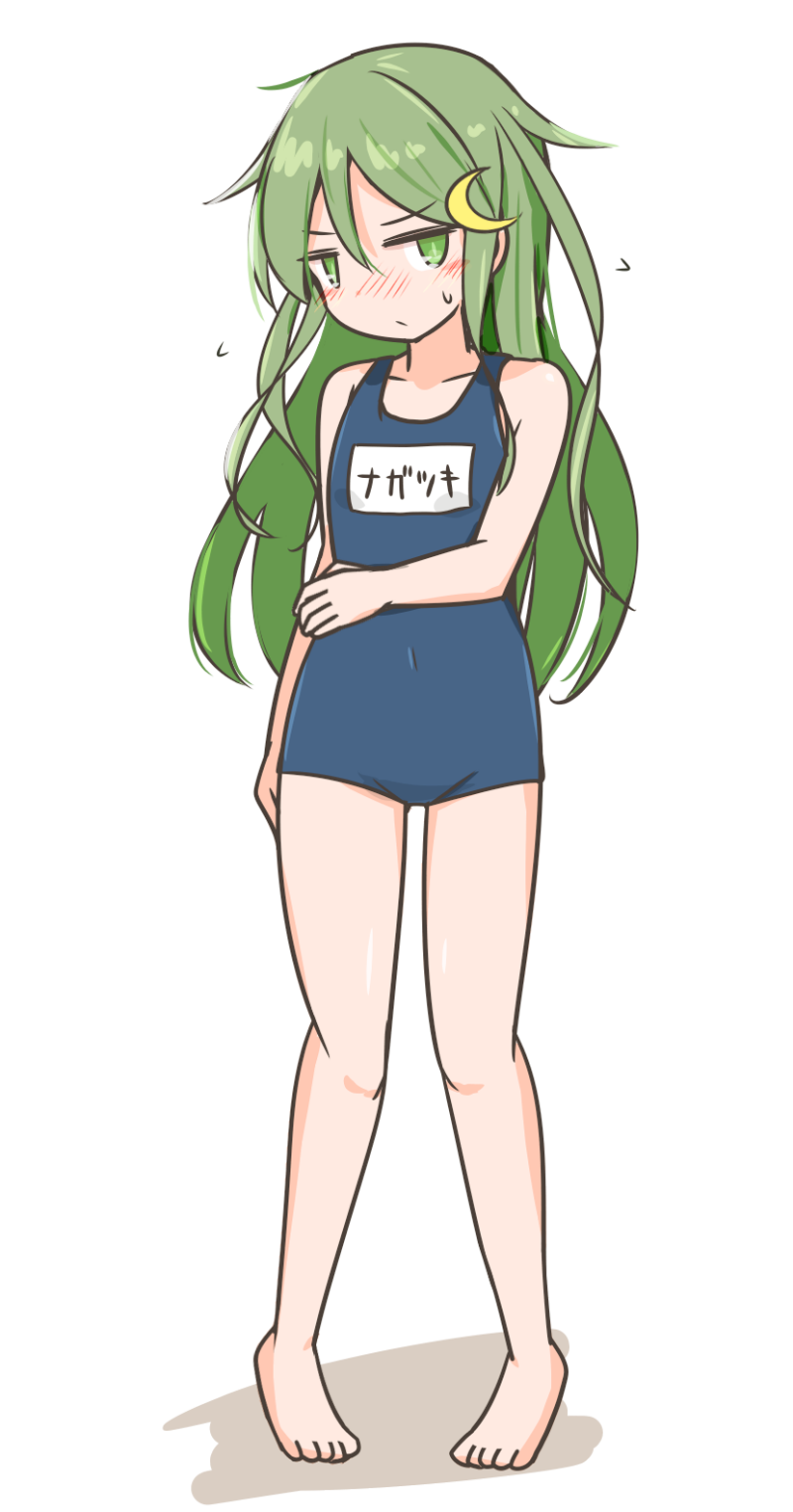curse (023), nagatsuki (kancolle), kantai collection, highres, 1girl, alternate costume, bare shoulders, barefoot, blush, character name, crescent, crescent hair ornament, full body, green eyes, green hair, hair ornament, long hair, name tag, one-piece swimsuit, school swimsuit, simple background, solo, swimsuit, white background