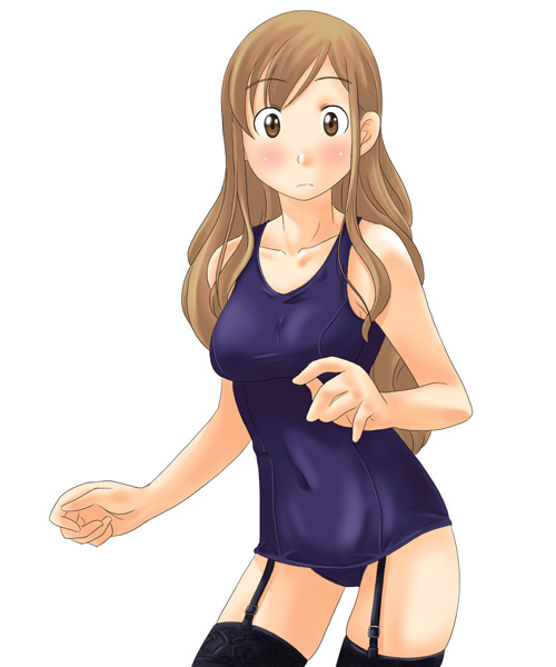 toshifumi, toudou shimako, maria-sama ga miteru, 00s, 1girl, female focus, garter belt, garter straps, lingerie, one-piece swimsuit, purple one-piece swimsuit, purple school swimsuit, school swimsuit, solo, swimsuit, thighhighs, underwear