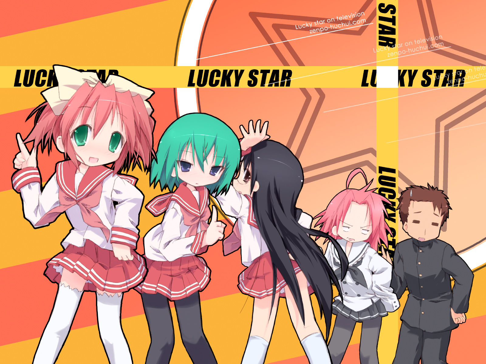 kuroba u, iwasaki minami, kobayakawa yutaka, kogami akira, shiraishi minoru, tamura hiyori, lucky star, highres, 00s, 1boy, 4girls, caution tape, dancing, ga rune pose, multiple girls, pantyhose, school uniform, serafuku