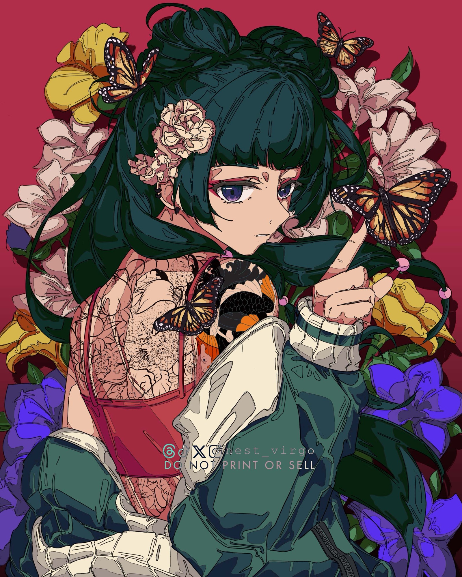 nest virgo, maomao (kusuriya no hitorigoto), kusuriya no hitorigoto, commentary, highres, 1girl, artist name, back tattoo, black hair, bug, butterfly, contemporary, crop top, double bun, floral background, green jacket, hair bun, insect, jacket, off shoulder, purple eyes, red tank top, solo, tank top, tattoo