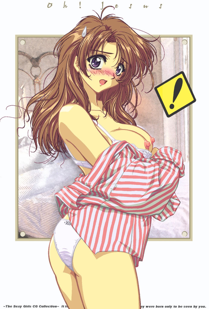 r1, !, 1girl, blush, breasts, female focus, large breasts, long hair, nipples, open clothes, open shirt, panties, shirt, solo, sweatdrop, underwear, undressing
