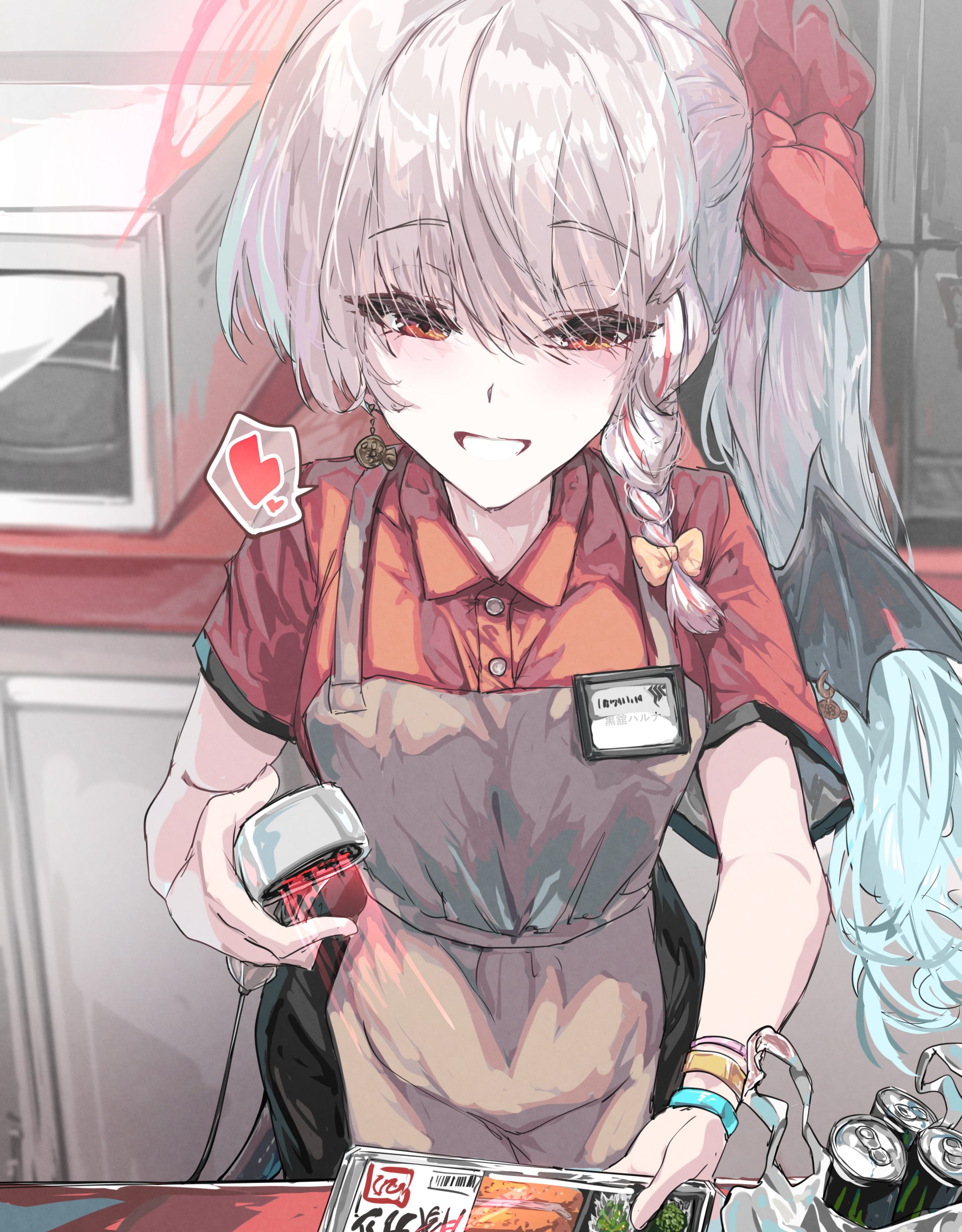 sunnysideup, haruna (blue archive), blue archive, monster energy, absurdres, commentary request, highres, 1girl, apron, bag, barcode scanner, black wings, bow, braid, breasts, buttons, collared shirt, convenience store, demon wings, employee uniform, energy drink, grey apron, grey hair, grin, hair between eyes, hair bow, halo, heart, holding, holding barcode scanner, holding bento, id card, long hair, looking at viewer, microwave, plastic bag, polo shirt, red eyes, red halo, red shirt, shirt, shop, short sleeves, single wing, smile, solo, spoken heart, wings, yellow bow