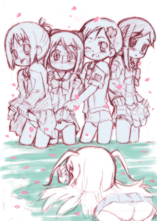 amamiya manami, etou mei, inamori mika, odori momoha, uehara mutsuki, gakuen utopia manabi straight!, 00s, 5girls, blush, cherry blossoms, clothes lift, everyone, multiple girls, panties, partially submerged, sketch, skirt, skirt lift, underwear, water