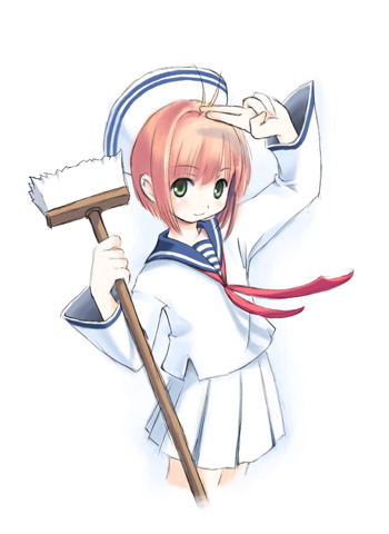 hiide, kinomoto sakura, cardcaptor sakura, lowres, 1990s (style), 1girl, ascot, broom, child, dixie cup hat, female focus, green eyes, hat, military hat, pleated skirt, retro artstyle, sailor, sailor collar, sailor hat, salute, school uniform, serafuku, short hair, skirt, solo, tomoeda middle school uniform, two-finger salute, white hat, white skirt
