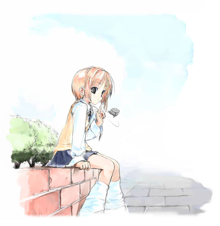 hiide, kinomoto sakura, cardcaptor sakura, 1990s (style), 1girl, brown hair, cellphone, child, female focus, finger twirl, loose socks, phone, retro artstyle, school uniform, short hair, sitting, socks, solo, tomoeda middle school uniform