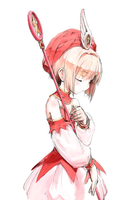 hiide, kinomoto sakura, cardcaptor sakura, 1990s (style), 1girl, bob cut, child, closed eyes, cowboy shot, detached collar, detached sleeves, female focus, from side, hair intakes, hat, hoshi no tsue, magical girl, miniskirt, red hat, retro artstyle, simple background, skirt, solo, turban, white background